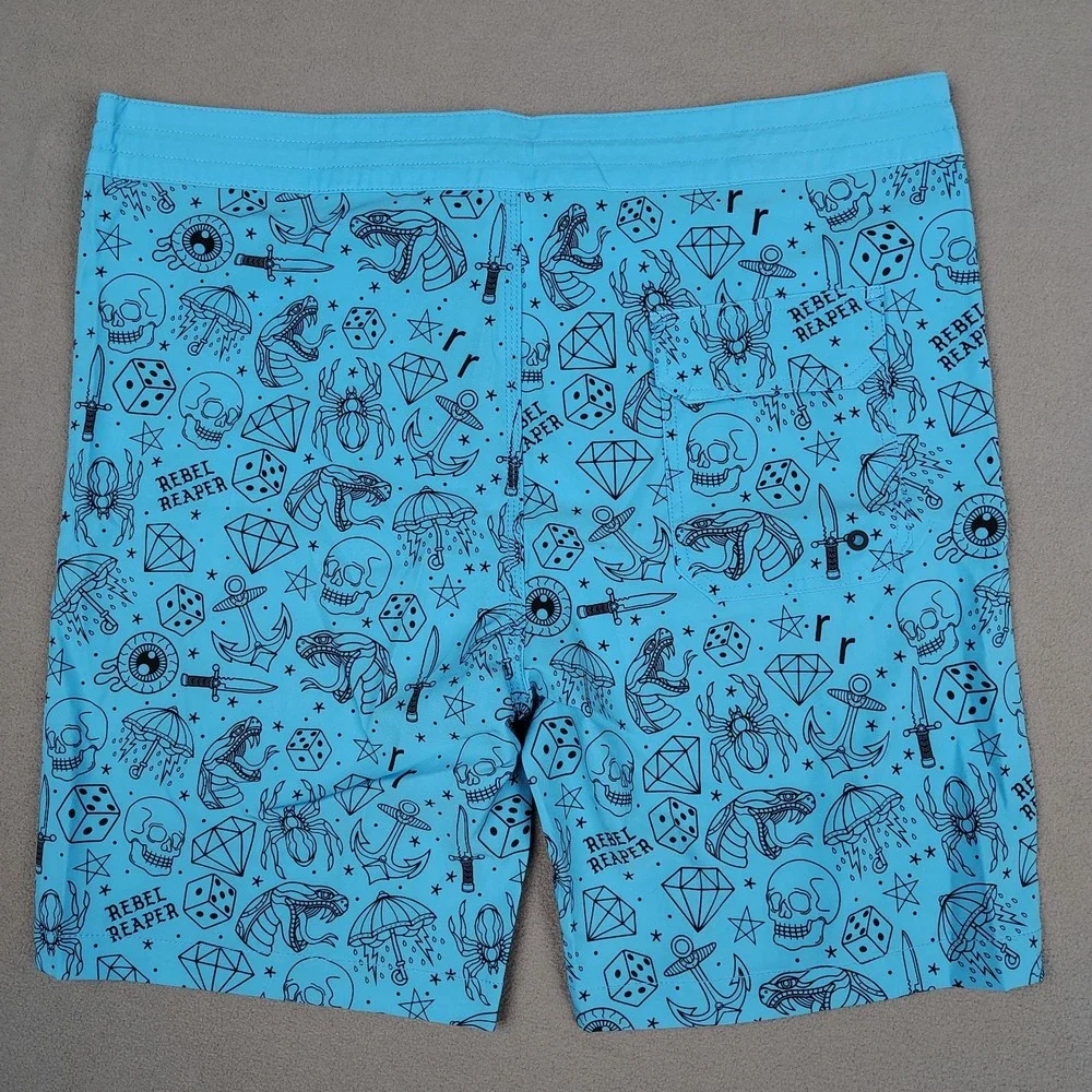 Rebel Reaper Boardshorts Swim Trunks Men 2XL Blue Tattoo Print Skull Biker New
